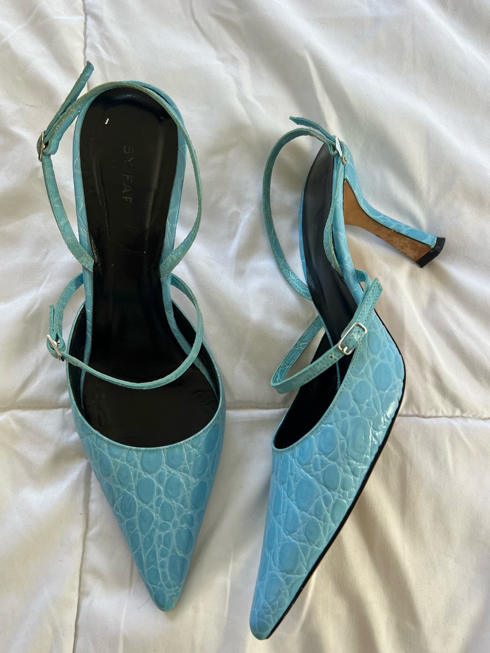Light Blue Croc-Embossed Pointed Toe Slingback Heels